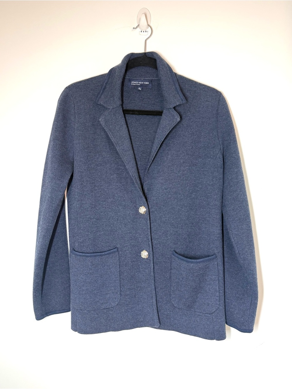 Jones New York Signature Heathered Blue Knit Blazer Jacket Cardigan Career Wear